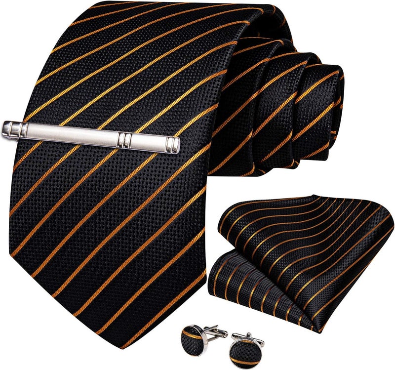 DiBanGu Mens Striped Tie Silk Woven Necktie and Pocket Square Cufflinks Tie Clip Set Wedding Business Formal Gift Tie for Men - Image 3